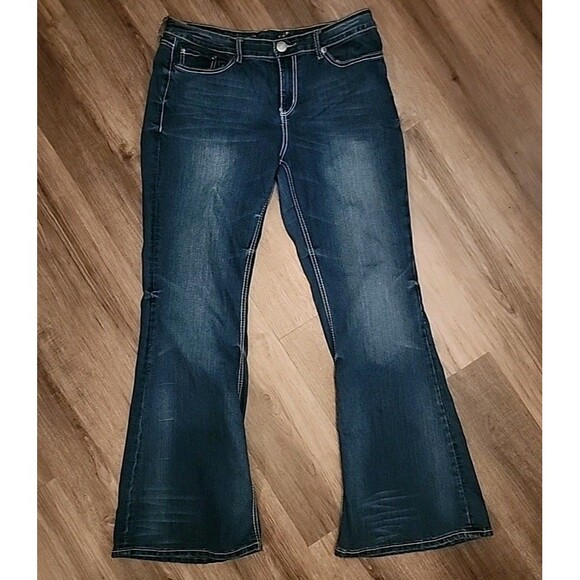 Seven 7 Womens Jeans 32 Flare Dark Wash Blue Denim Embroidered Wide-Leg - Picture 11 of 12